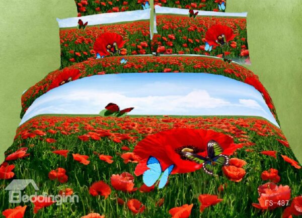 Red Poppy Flower and Butterfly Print 4 Piece Bedding Sets/Duvet Cover Sets