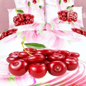 Fresh Fruit Red Cherry and Pink Flower Print 4 Piece Duvet Cover Bedding Sets