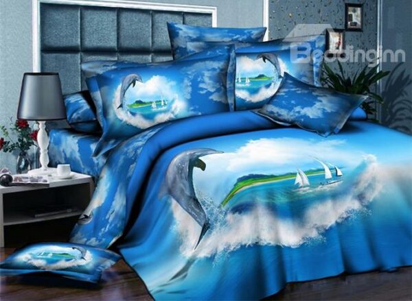 New Arrival Dolphin and Blue Heart Shape Ocean Print 4 Piece duvet cover/Bedding Sets