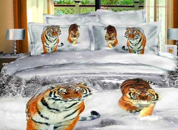 Tiger in Snow with Winter Scene Lifelike 3D Print 4 Piece Duvet Cover/Bedding Sets