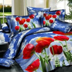 Hot Selling 3D Beautiful Tulip with Skyblue Background 4 Pieces Bedding Sets