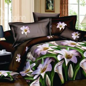 Hot Sell Modern Style Coffee Background With Purple Tulip 4-Piece Duvet Cover Sets