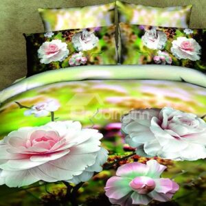 100% Cotton Big Peony Flower Print 4 Piece Bedding Sets