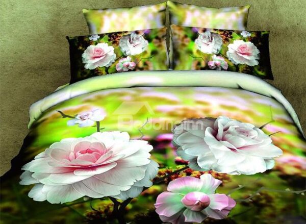 100% Cotton Big Peony Flower Print 4 Piece Bedding Sets