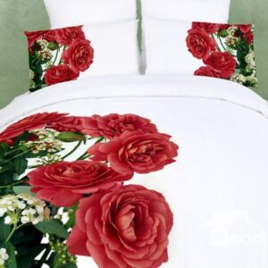 100% Cotton Red Roses Print Pure White Color 4 Piece Bedding Sets Duvet Cover Sets