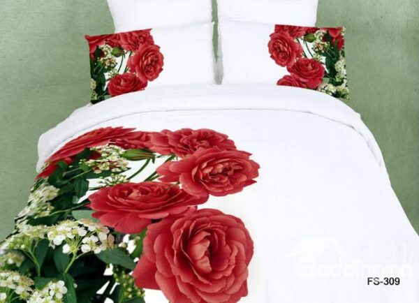 100% Cotton Red Roses Print Pure White Color 4 Piece Bedding Sets Duvet Cover Sets