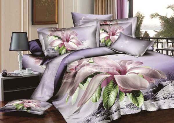 Lilac Orchid Big Flower Print 4 Piece Duvet Cover Sets