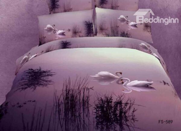 White Swan in the Lake Print 4 Piece Bedding sets