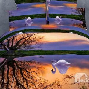 Beautiful And Romantic White Swan Print 4 Piece Bedding Sets/Duvet Cover Sets