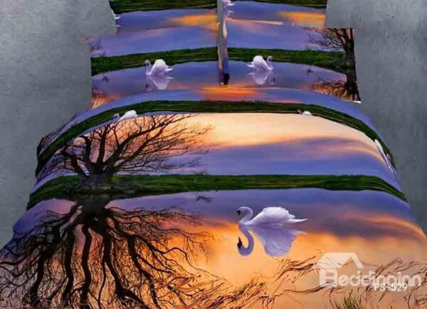 Beautiful And Romantic White Swan Print 4 Piece Bedding Sets/Duvet Cover Sets
