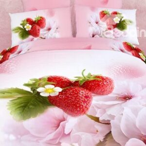 Strawberry and Flower Pattern Duvet Cover 4 Piece Bedding Sets