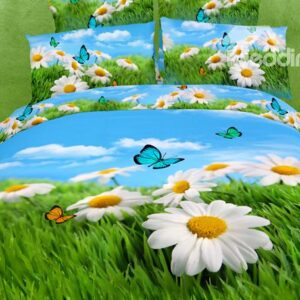 White Cosmos and Butterfly with Grass Print 4 Piece Bedding Sets/Duvet Cover Sets