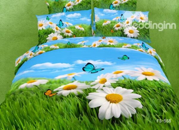 White Cosmos and Butterfly with Grass Print 4 Piece Bedding Sets/Duvet Cover Sets