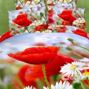 Red Poppy and White Daisy Flower Print 4 Piece Bedding Sets/Duvet Cover Sets