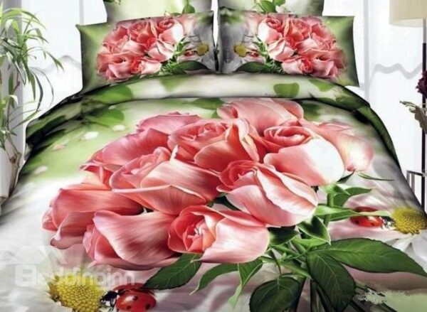 Romantic A Bunch of Pink Roses Print Bedding Sets 4 Piece Duvet Cover Sets