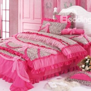 Romantic Dark Pink Color with Leopord Print Pricess Style Bedding Sets 4 Piece Duvet Cover Sets