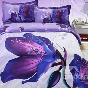 Amazing Purple Magnolia Flower Print 4 Piece Polyester Bedding Sets