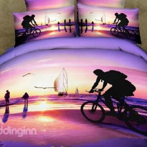 Unique Riding Bicycle on Beach Scene Print 4 Piece Bedding Sets/Duvet Cover Sets