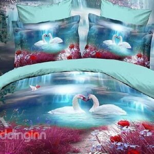 New Arrival Romantic White Swan with Flower Print 4 Piece Polyester Bedding Sets