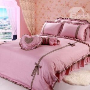 100% High Quality Cotton Princess Style Pink Color 4 Piece Bedding Sets
