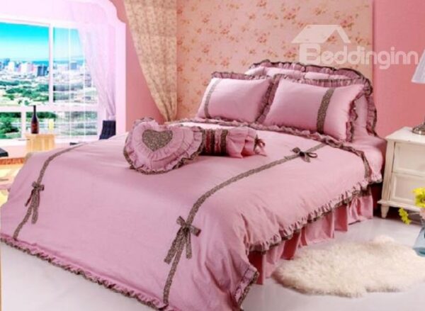 100% High Quality Cotton Princess Style Pink Color 4 Piece Bedding Sets