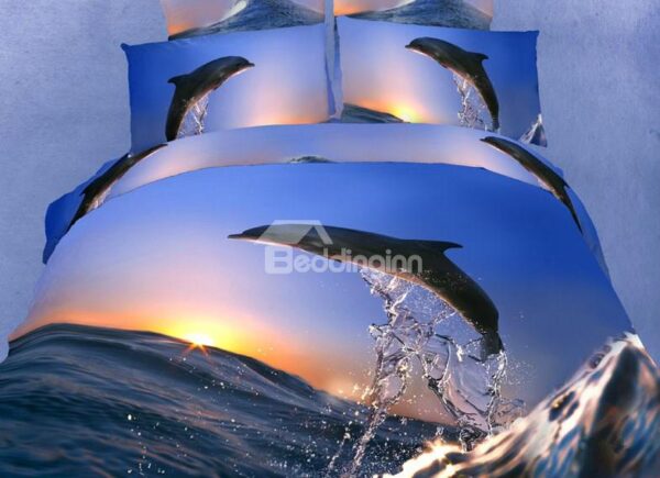New Jumping Dolphin with Sunrise Print 4 Piece Bedding Sets