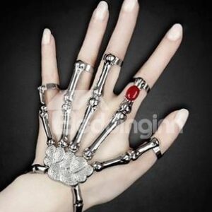 Silver and Gold Punk Goth Skeleton Skull Bones Talon Hand Bracelet Ring with Bead