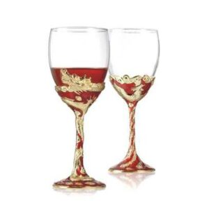 Dragon and Phoenix Decorated Red & Golden Color Red Wine Glasses/2 Pieces