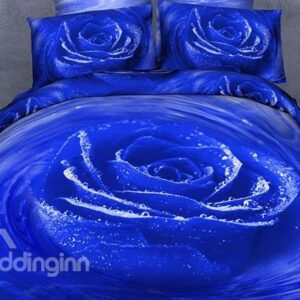 New Arrival Luxury Blue Rose Print 4 Piece Bedspreads and Duvet Cover Sets