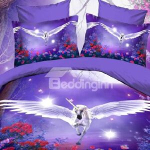 Dreamlike Flying horse with wings Purple Polyester Bedding Sets