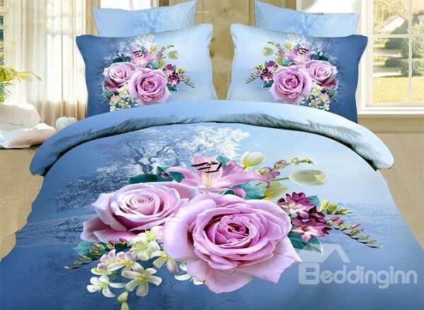 Big Pink/Purple Roses Print 4 Piece Blue Bedding Sets/Duvet Cover Sets