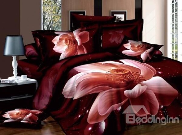 Big Lifelike 3D Water Lily Print 4 Piece 100% Cotton Duvet Cover Sets