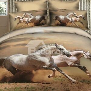 White Horses Lifelike Print 4 Piece Cotton Bedding sets