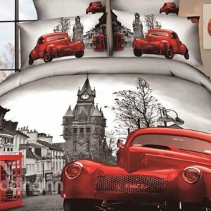 Modern City with Red car and street scene Print 4 Piece Bedding Sets
