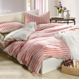 100% High Quality Cotton Unique Knitting White and Pink Stripe 4 Piece Bedding Sets
