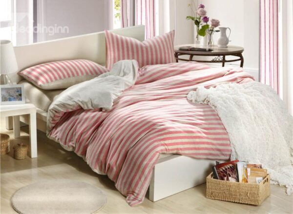 100% High Quality Cotton Unique Knitting White and Pink Stripe 4 Piece Bedding Sets