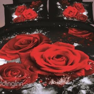 Charming 3D Red Roses with Black Color 4 piece Bedding Sets