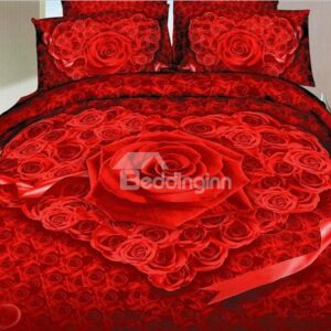 Heart Shape Roses Print 4 Piece Bedding Sets/Duvet Cover Sets