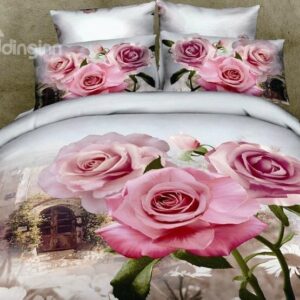 New Arrival Romantic Pink Roses Print 4 Piece Bedding Sets