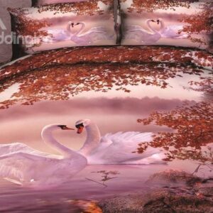 Lovely a couple of White Swan Print 4 Piece Bedding Sets/Duvet Cover Sets
