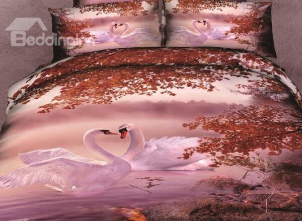 Lovely a couple of White Swan Print 4 Piece Bedding Sets/Duvet Cover Sets