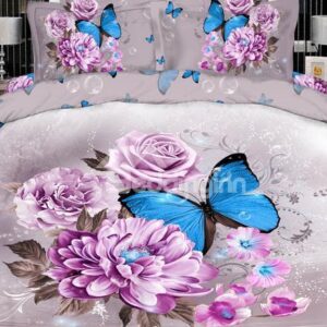 Elegant Purple Flower with butterfly Print 4 Piece Bedding Sets