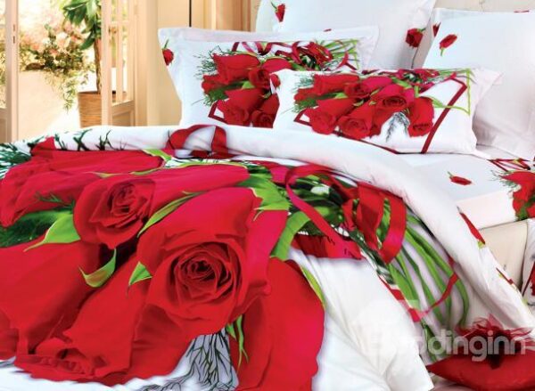 Beautiful Luxurious Red Roses Print 4 Piece Bedding Sets
