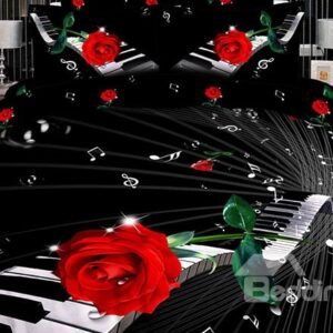 Elegant Piano with Red rose Print 4 Piece Bedding Sets