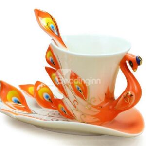 Gorgeous Porcelain Enamel Peacock Coffee Cup Set