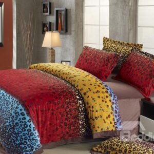 Beautiful Colorful Leopard Print Comfortable Sandedcloth Material 4 Piece Bedding Sets