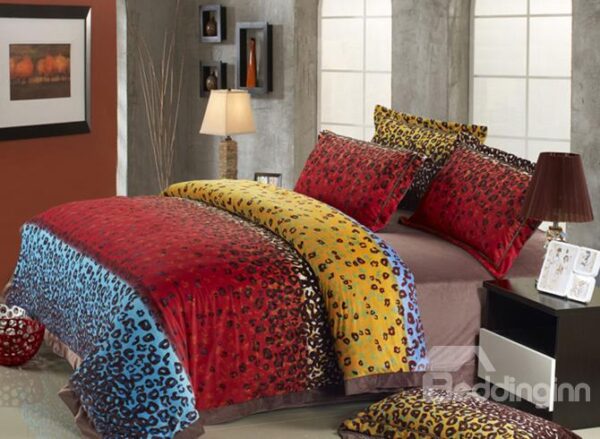 Beautiful Colorful Leopard Print Comfortable Sandedcloth Material 4 Piece Bedding Sets