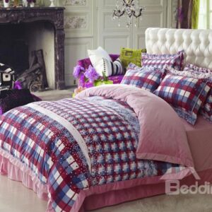 Pink Checker Pattern Comfortable Sandedcloth Material 4 Piece Bedding Sets/Duvet Cover Sets