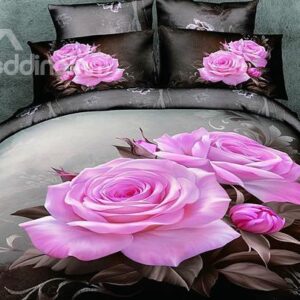 100% Cotton Lifelike Big Pink Roses with Brown Background Print 4-Piece Bedding Sets