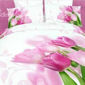 Lovely Pink Tulip Blossom Print 4 Piece Bedding Sets/Duvet Cover Sets